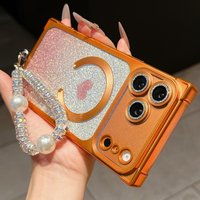 Gradient Color Glitter Heart Cover 17Promax Magnet For Iphone 16 Pro 15 14 13 Wrist Bracelet Case With Lens Film