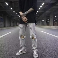 Suitable For All Seasons High Ripped Jeans Loose Trendy Street Casual Distressed Washed Vintage Cut Pants For Men