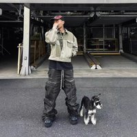 "Retro Washed Distressed Cargo Jeans & Multi Pocket Straight Leg Denim Pants Vintage RO Style"