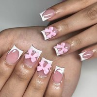 Short glossy European and American French style pink bow cute sweet wear nail simple ins All-match manicure 24 pieces