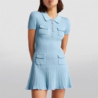2024 Spring Summer Polo Neck Short Sleeve Knitted Dress Y2K Fashion Commuter Elastic Slim Fit Pocket Wrapped Hip Skirt