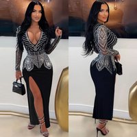 Elegant Sexy Bodycon Dress With V-Neck & High Slit - Stretchy Glitter Mesh Long Sleeve Evening Gown For Women