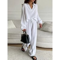 Elegant Ladies Casual Loose Suit Long Sleeved Top + Drawstring Trousers Suit Spring And Autumn Lapel Two Piece Suit