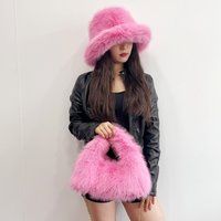 Faux Fox Fur Hobo Bag & Bucket Hat Set Winter Fashion Accessories Leopard Print Black Pink Red Blue White Beige Brown Rose