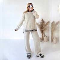 " Casual Loose Knit Sweater Two Piece Set Geometric Embroidery Pullover & Cardigan Autumn Winter Fashion (Gray Black Beige
