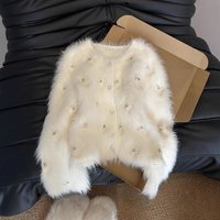 Elegant White Beaded Knit Cardigan Women's Winter Fashion Coat Soft Faux Mink Fur Top Fashion Trends