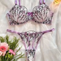 Sleepwears High End Temperament Style Floral Embroidery Transparent Mesh Temptation Sexy Underwear Set