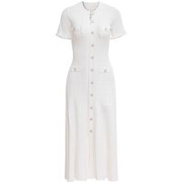 Elegant Petite Women's Knit Dress with round Neck Short Sleeve Lace-Up Detail Ribbed Button-Down Midi Dress