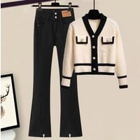  Stylish Denim Set Knit Cardigan Contrast Block Flared Bootcut Pants Slim Fit V Neck Top HighSlit Bell Bottoms OfficeCasual Outfit