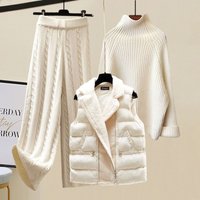 Clothing suits thickened vest high collar knitted sweater wide leg pants three piece suit autumn winter