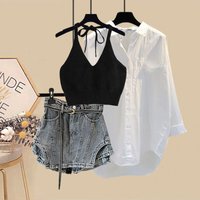 Women’s Clothing Summer Outfit Complete Set New Sun Protection Shirt Slimming Halter Neck Suspenders Denim Skirt Three Piece Set
