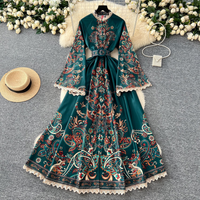 Women's Clothing Palace Style Retro Stand Collar Single Breasted Trumpet Sleeve Long Lace Dress Female