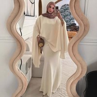 Elegant Muslim Abaya Dress Set Batwing Sleeves Modest Long Sleeve Maxi Dress & Skirt Outfit