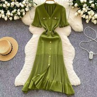 Women's Clothing V Neck Short Sleeved Ruffled Skirt Spring And Summer New Style A Line Skirt Tight And Slim Knitted Dress