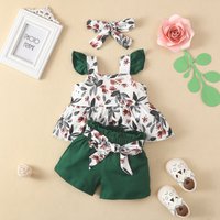 Babies' clothes summer girls' suits infants and young children flying sleeve tops shorts three-piece set baby leaves sleeveless shoulder strap suit