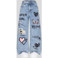 Girls‘ Light Blue Ripped Heart Letters And Butterfly Prints, Fashionable, Casual, Simple And Versatile, Loose Wide-leg Washed Denim Trousers