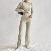 Clothing Round Neck Long Sleeved Fashion Casual Suit Knitted Ribbed Wide Leg Pants Suit