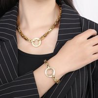 Women's Jewelry Set Fashion Card Wheel Stainless Steel Jewelry Personality Round Full Diamond Hollow Heart Shaped Thick Chain