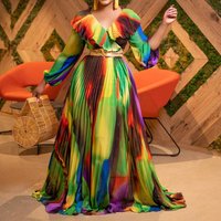 Clothing Sexy V Neck Bubble Long Sleeve Printed Waist Temperament Dress