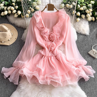 Clothing High End Hollow Hook Lace Dress Slim Waist High Collar Lantern Sleeves Ruffled Line Skirt