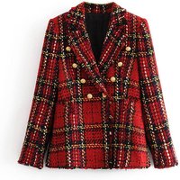 spring plaid long sleeved double breasted printed blazer
