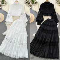 Women Standing Collar Hollowed Out Lace Top Two-piece High Waisted Skirt
