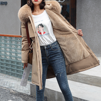 Women's cotton-padded women's Korean version of medium long big fur collar plus velvet inner pie overcome coat