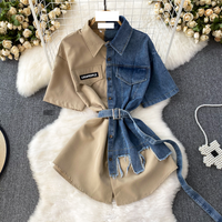 Lapel Waist Slimming line Single breasted Shirt Denim Dress Medium length Irregular T shirt Skirt