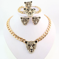 Fashion Leopard Head Bracelet Earrings Necklace Ring New Trendy Gold Color Crystal Costume African Jewelry Sets