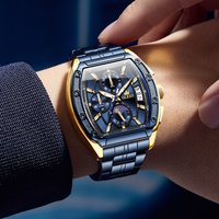 Men Moon Phase Chronograph Quartz Wrist Watch For Man Casual Sport Blue Stainless Steel Waterproof Male Watch Relogio