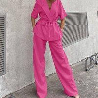 Women's Clothing Fashion Suit Cotton And Linen Short Sleeve Long Pants Two Piece Suit Belt Design Casual