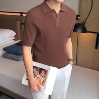Mature American Casual Summer V Neck Polo Shirt Ice Silk Knitted Short Sleeve Simple T Shirt