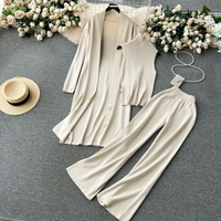Clothing Autumn lazy loose knitted suit long shawl cardigan + turtleneck sweater + wide leg pants three piece set