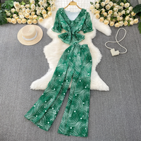 Light Mature Outfit Slimming Ruffled V Neck Short Sleeved T Shirt + High Waisted Printed Chiffon Straight Wide Leg Trousers Two Piece Set