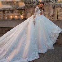 Clothing wedding dress V neck large tail wedding dress retro sexy tulle long sleeved wedding dress