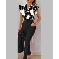 fashion printed lotus leaf sleeve top solid pants suit belt