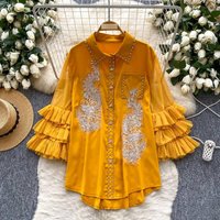 Elegant Embroidered Blouse Rhinestone Detailing Lace Trim & Flounce Hem – Stylish Long Sleeve Peplum Top Chiffon & Satin Blend