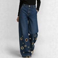 High Waisted Loose Fitting Cutout Jeans Eyelets Hollowed out Detail Wholesale Denim Trousers