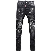 Men's Clothing Luxury Ripped Patch Jeans For Men Slim Fit Skinny High Waist Elastic Casual Trousers Nostalgic Washed