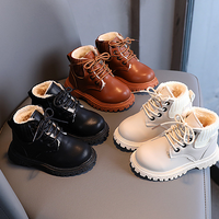 Children's boots Winter solid color plus fleece ankle boots Boys fashion girls soft-soled boots Large cotton leather boots
