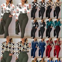 Elegant Printed Two Piece Suit Sets Autumn Winter V Neck Long Sleeve Shirt Top & Long Pants Set Belt Workwear Outfits