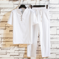 Clothing Linen Short Sleeved T Shirt Suit Retro Cotton Linen Large T Shirt Nine Point Pants Set