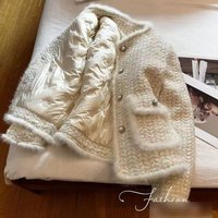 Winter Tweed Jacket Faux Shearling Lining Elegant Slim Fit Coat Princess Sleeves & Polo Collar