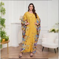 Modest Abaya Dress Batwing Sleeve Maxi Dress – Flowy Muslim Abaya With Elegant Prints (Sunflower, Yellow Butterfly, Orange Gold Foil)