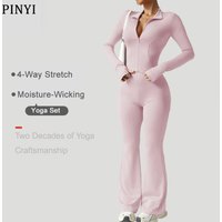 Women's Solid Color Long Sleeve Zip-Up Activewear Set With High-Waisted Flared Leggings & Quick-Dry Yoga Outfit
