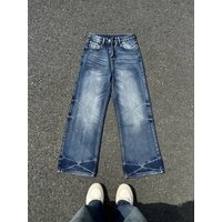 Men's Fashion Brand Letter Print Splicing Loose Sweatshirt Pullover Mid Waist Straight Jeans Blue Denim Vintage High Street Style