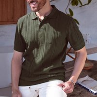  Dark Green Knit Polo Shirt Breathable Summer Short Sleeve Button Up Shirt Ribbed Hem Slim Fit & Stylish