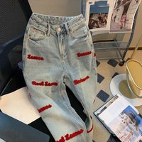 Women's Clothing Ins Retro High Street Letter Embroidered Jeans Women's Trendy Brand Design Loose Straight Wide Leg Mopping Pants