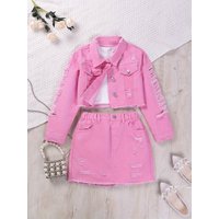 Girls Pink Washed Denim Fashion Casual Ripped Simple Versatile College Style Daily Outing Jacket Coat Top Half Skirt Suit