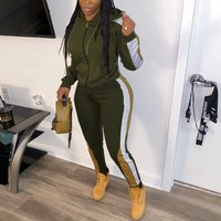 clothing block stitching casual hooded zipper jacket two piece set
